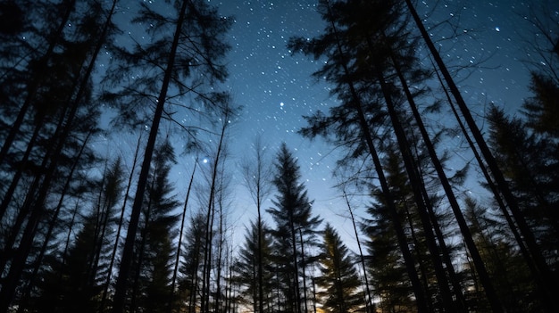 the night sky above a forest with trees and stars