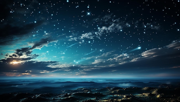 Night sky galaxy stars illuminate tranquil mountain peak generated by ai
