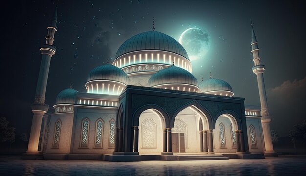 ночное небо, светящийся полумесяц, сияющая звезда, плавающая рядом с мечетями луны под исламским