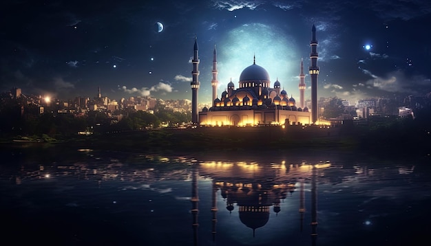 night sky illuminescent crescent moon shining star floating near moon mosques below islamic