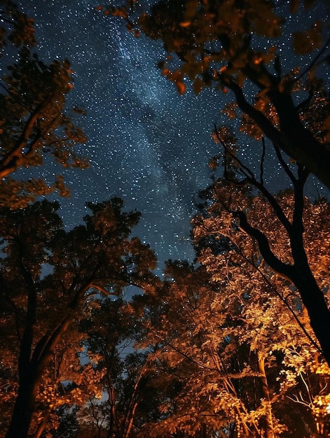 the night sky is filled with stars and trees