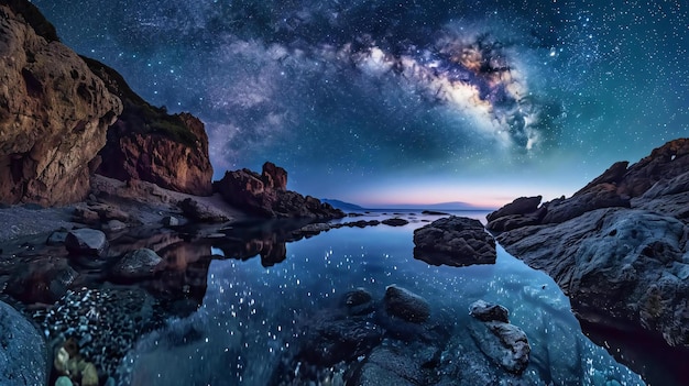 the night sky is reflected in a body of water