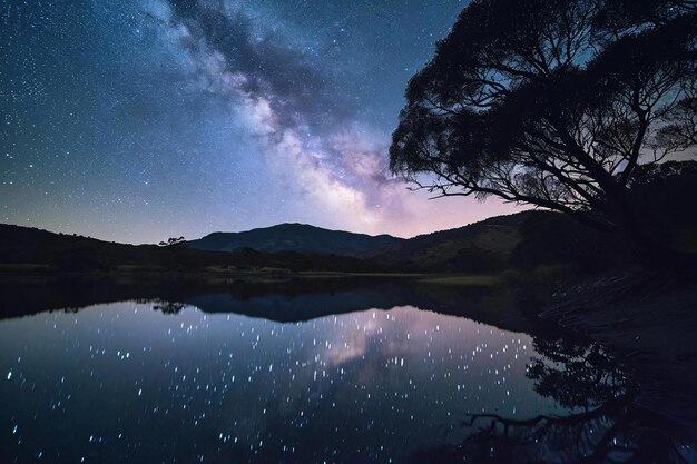 the night sky is reflected in a lake