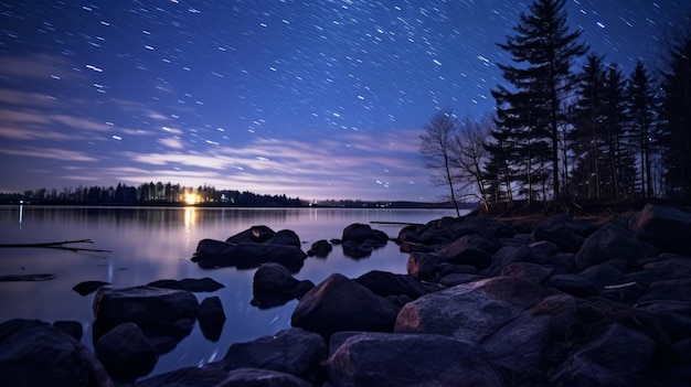 the night sky over a lake with rocks and trees