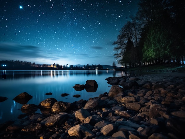 the night sky over a lake with rocks and trees