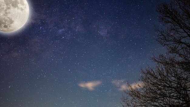 Night sky Milky way with full Moon and universe constellations in the background