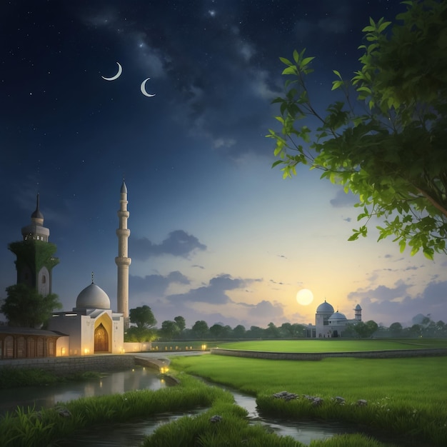 Night sky and moon Mosque against the background of sunset