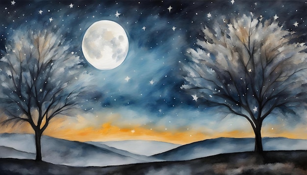 Foto cielo notturno e luna e stelle isolati con sfondo di vernice ad olio