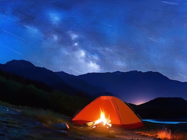 Night sky mountain with campfire tent adventure nature travel outdoors