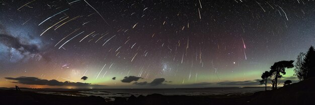 Фотография ночного неба, показывающая метеорные дожди или полярные сияния