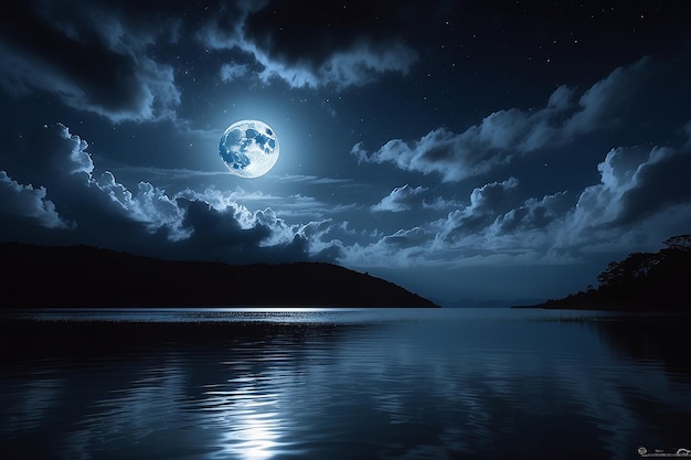 Photo night sky reflection of full moon and dark clouds in water