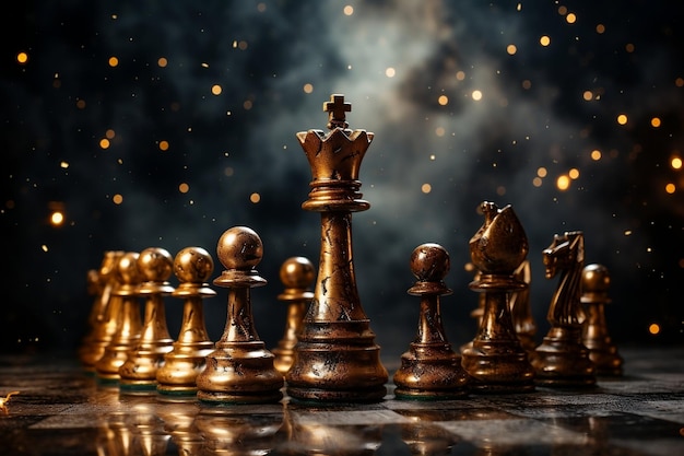 夜空の設定の金のチェスの駒が照らされた生成 AI