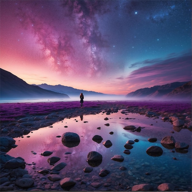星空の下の孤独な紫色の惑星で夜空を眺める