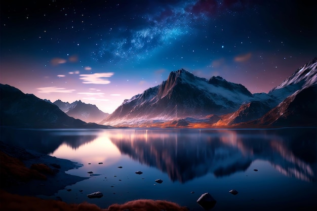 Night sky stars over mountain lake illustration nature
background of beautiful mountain and lake in starry night
galaxy