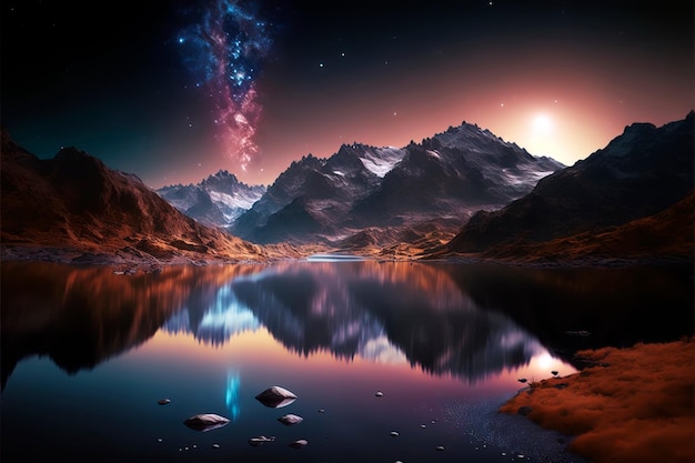 Night sky stars over mountain lake illustration nature\
background of beautiful mountain and lake in starry night\
galaxy