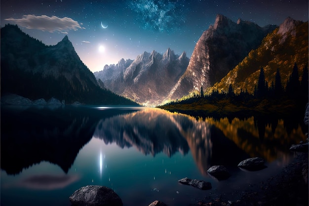 Night sky stars over mountain lake illustration nature\
background of beautiful mountain and lake in starry night\
galaxy