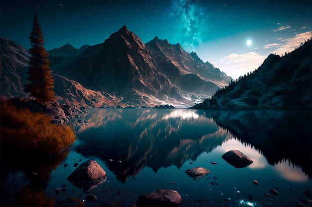 Night sky stars over mountain lake illustration nature\
background of beautiful mountain and lake in starry night\
galaxy