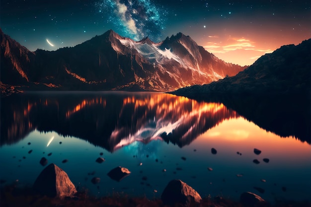 Photo night sky stars over mountain lake illustration nature background of beautiful mountain and lake in starry night galaxy