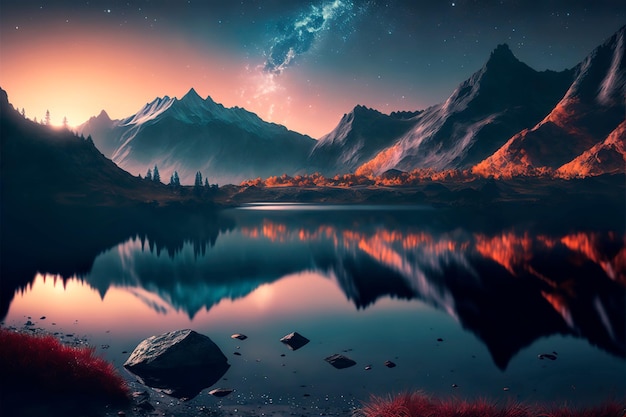 Night sky stars over mountain lake illustration nature\
background of beautiful mountain and lake in starry night\
galaxy