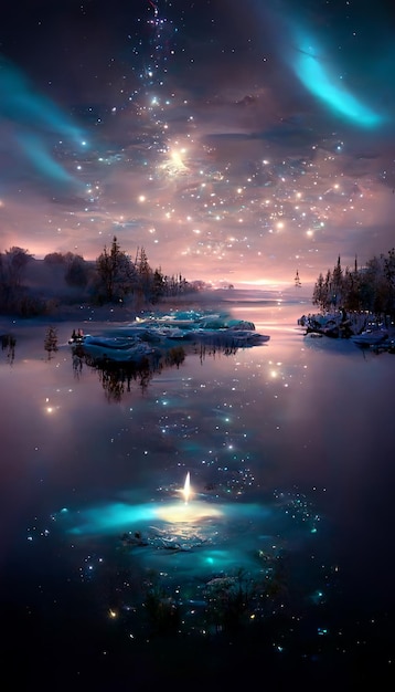 In the night sky the stars shine on the silky lake