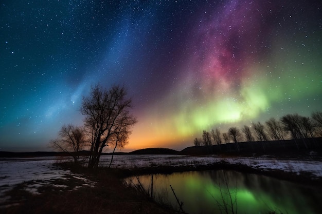 A night sky with the aurora borealis in the foreground