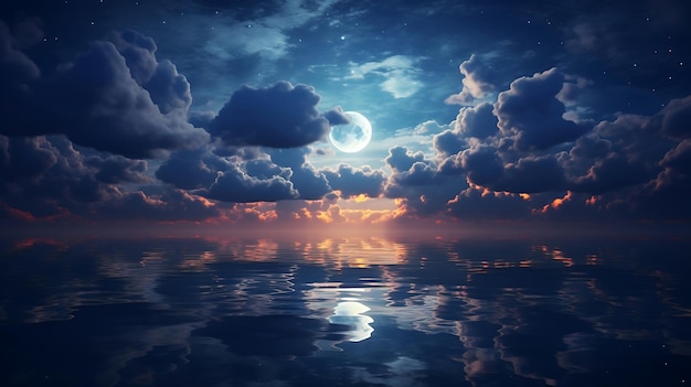 Фото Ночное небо с облаками и луной, отраженной в воде 3d-рендеринг