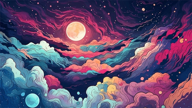 Night sky with clouds and full moon Colorful vector illustration