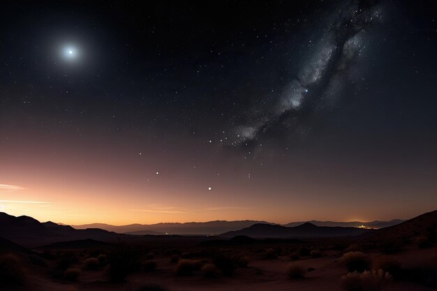 Night sky with a cluster of stars and crescent moon above the desert created with generative ai