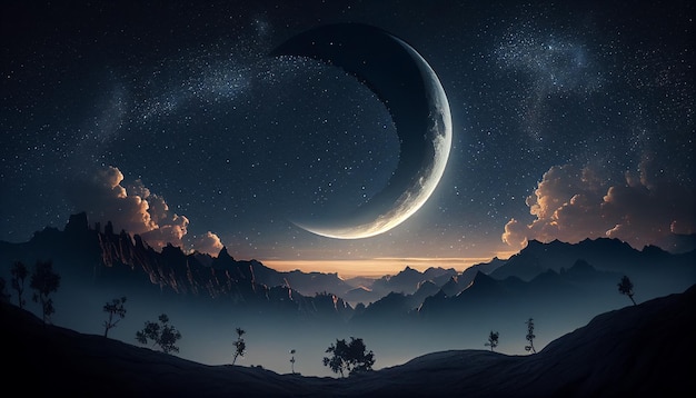 A night sky with a crescent moon and mountains