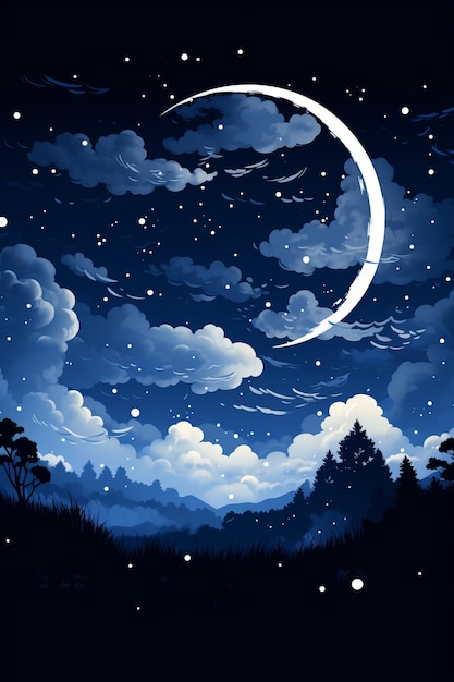 a night sky with a crescent moon and stars