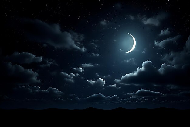 Night sky with a crescent moon and wispy clouds a