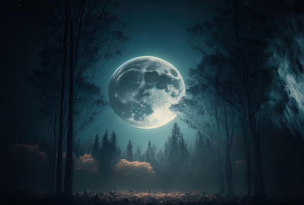 A night sky with a full moon and a gloomy woodland setting