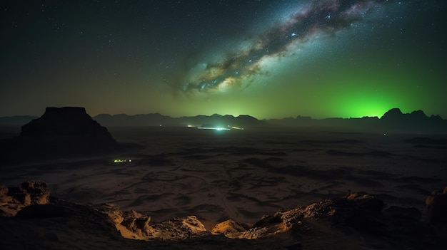 A night sky with a green light from the milky way