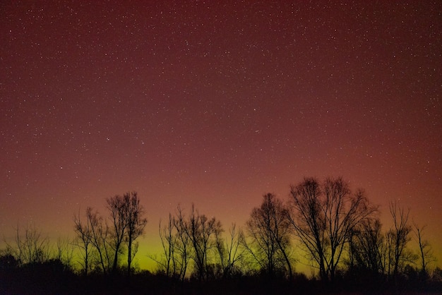 북쪽 빛의 초록색과 빨간색의 밤하늘 오로라 빛은 생생한 색으로 하늘을 밝게합니다.