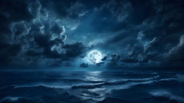 Night sky with moon in the dark clouds and darkblue sea in the foreground Element