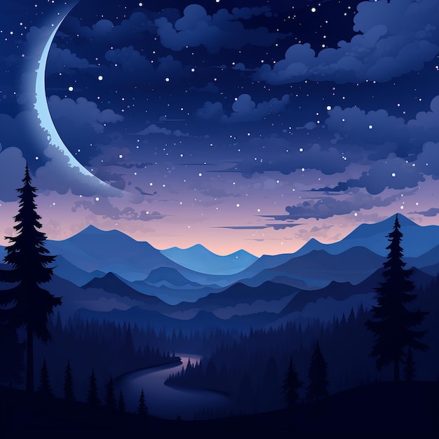 a night sky with mountains and a crescent moon