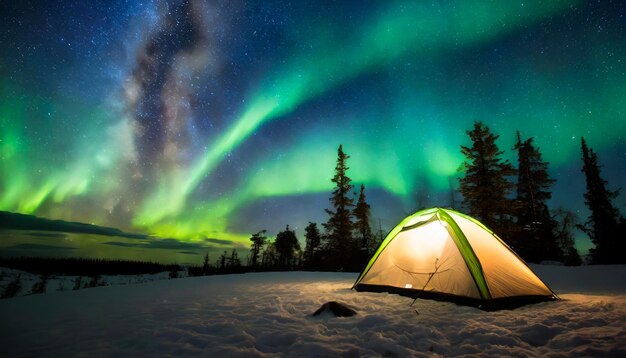 night sky with northern lights with a tent illuminated from the inside