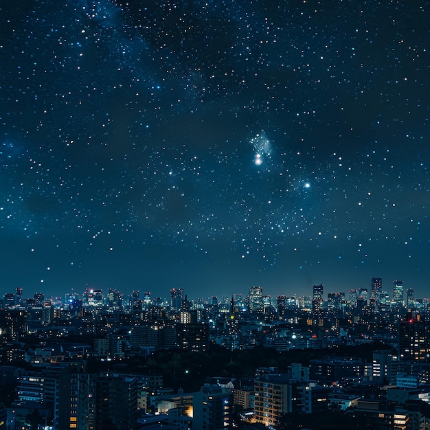 a night sky with stars and a city skyline in the background