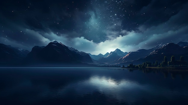 a night sky with stars and clouds above a lake