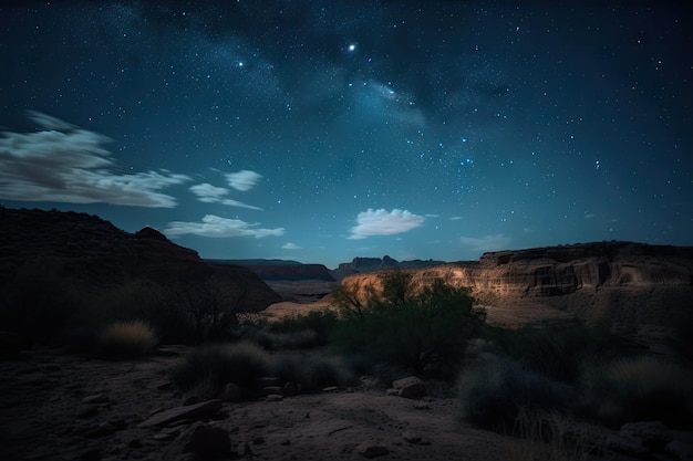 生成 AI で作成された砂漠の峡谷の上に星と月のある夜空が崖のシルエットを描いています