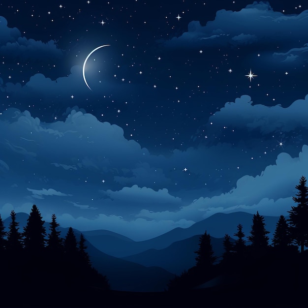 a night sky with stars and moon over a mountain range