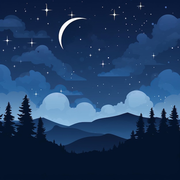 night sky with stars and moon over mountains and trees