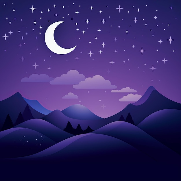 a night sky with stars and moon over mountains