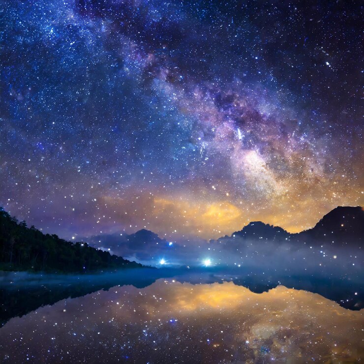 Photo 背景に星と山がある夜空