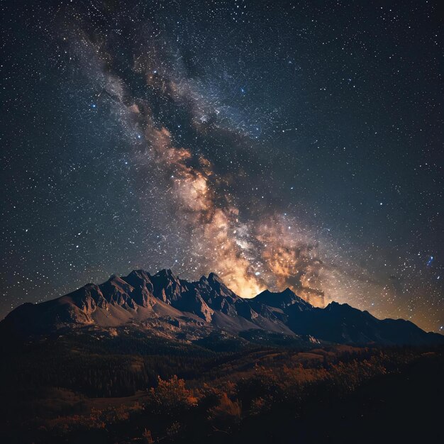 the night sky with stars above a mountain range