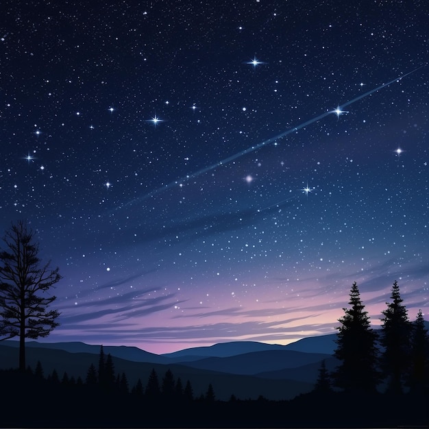 A night sky with stars and a mountain range