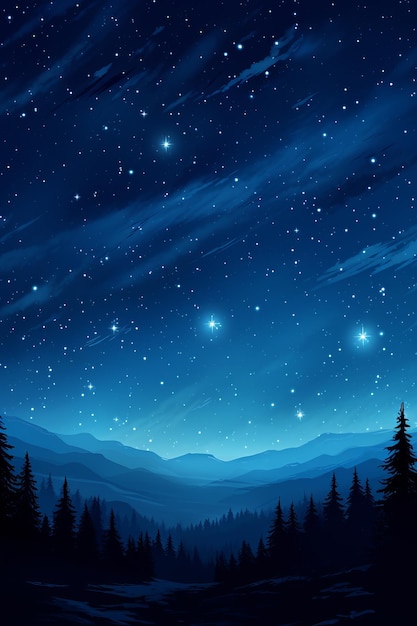 a night sky with stars and mountains in the background