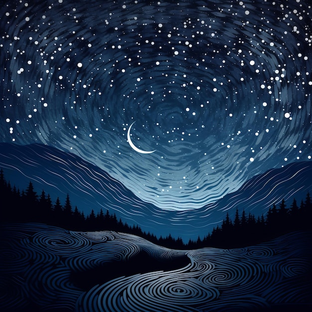 a night sky with stars and a river running through it