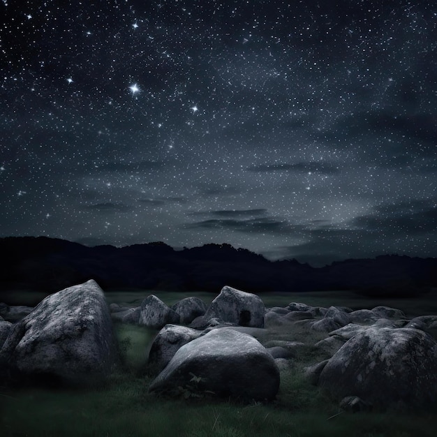 Photo night sky with stars over rocks in grassland