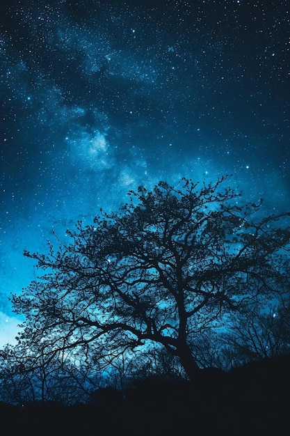 a night sky with stars and a tree